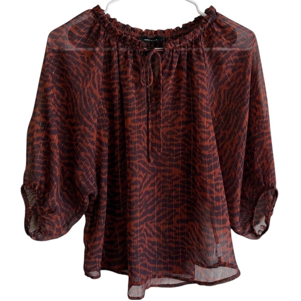 Vici Tyche Women's XS Top Print Metallic Sheer Ruffle Neck Blouse